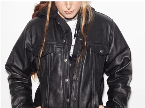 This is an amazing 5-Ball Womens' Jacket designed by women with a complete zip-out hoodie and the softest, cowhide leather. It's modeled here by Em an amazingly talented tattoo artist and rider. Click for action